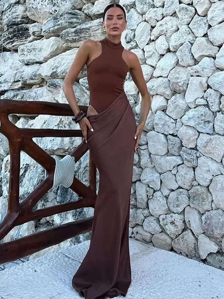 JULISSA MO satén Sexy ahuecado mujeres Maxi vestido negro sin mangas vestido de cintura alta mujer otoño ajustado elegante fiesta Clubwear