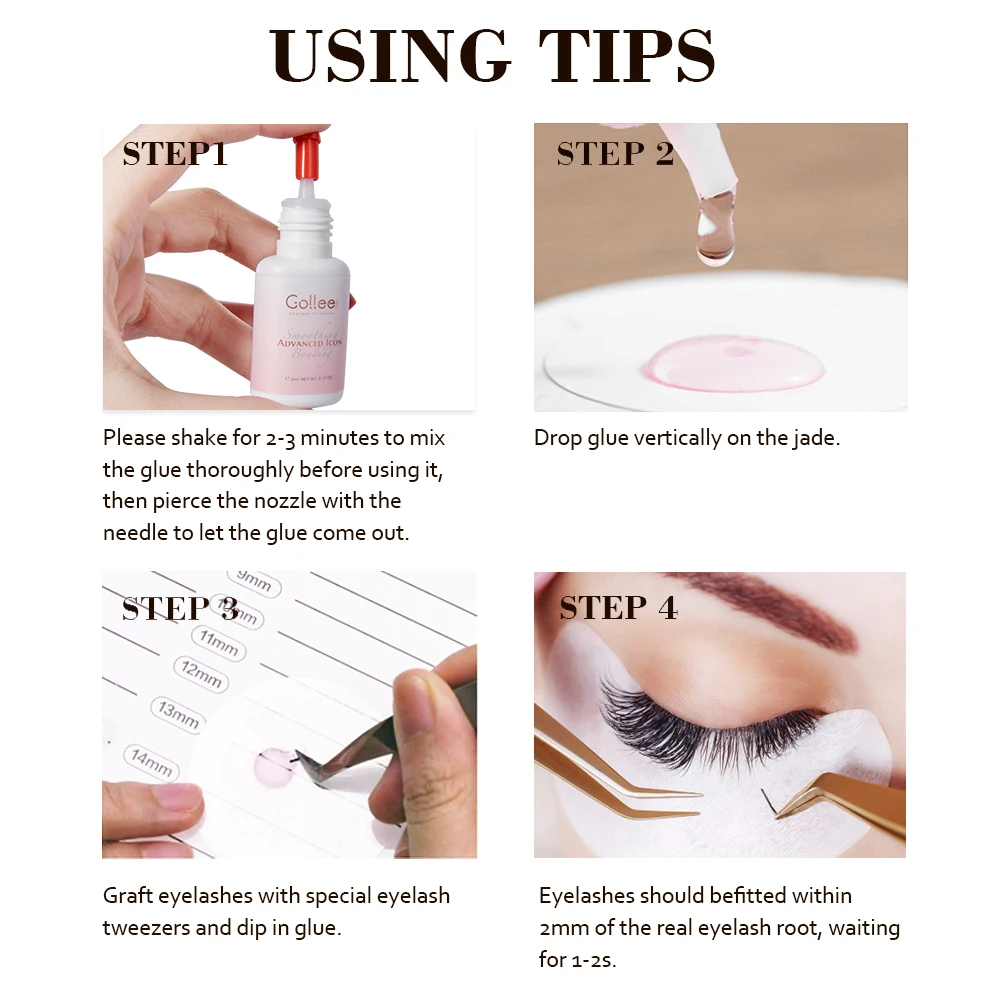 Pegamento para Pestañas Gollee Rosa 1-2s, Extensiones de Pestañas de Larga Duración (6-8 Semanas), Adhesivo Resistente al Agua, Maquillaje Profesional para Pestañas de Colores