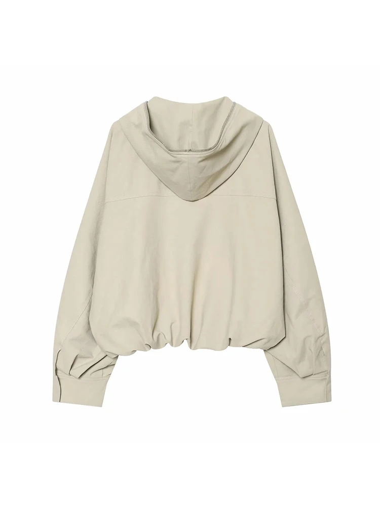 Chaqueta corta con capucha y cremallera para mujer, chaqueta corta con cordón elástico en el dobladillo, manga larga, holgada, informal, cortavientos, ropa exterior para mujer ﻿