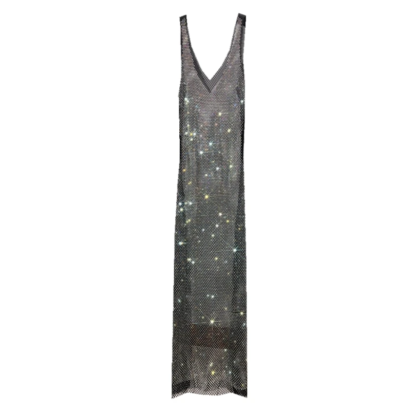 Vestido de fiesta con diamantes de imitación para mujer, ropa Sexy de malla larga fina y brillante con cuello en V profundo, novedad de verano 2023