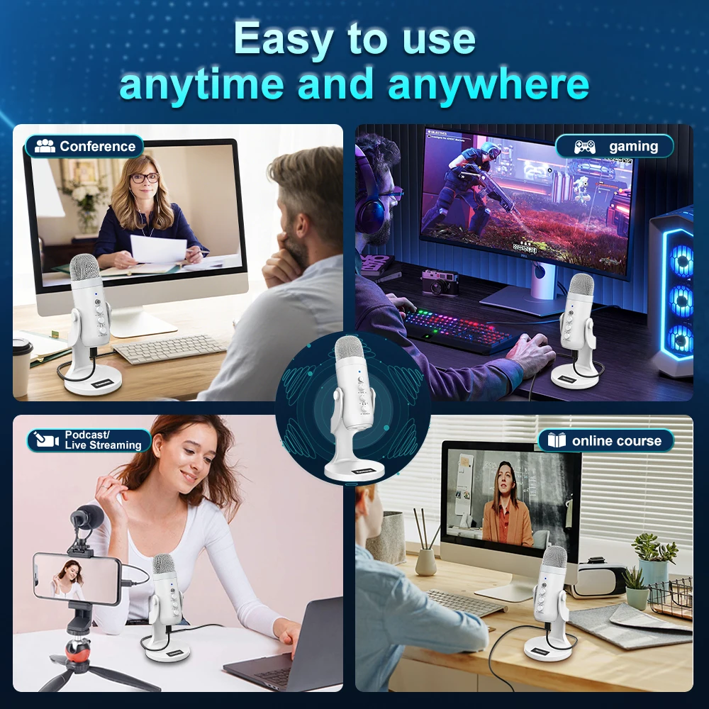 Micrófono condensador USB blanco profesional, micrófono de grabación de estudio para PC, ordenador, teléfono, juegos, Streaming, Podcast, vocales, Youtube