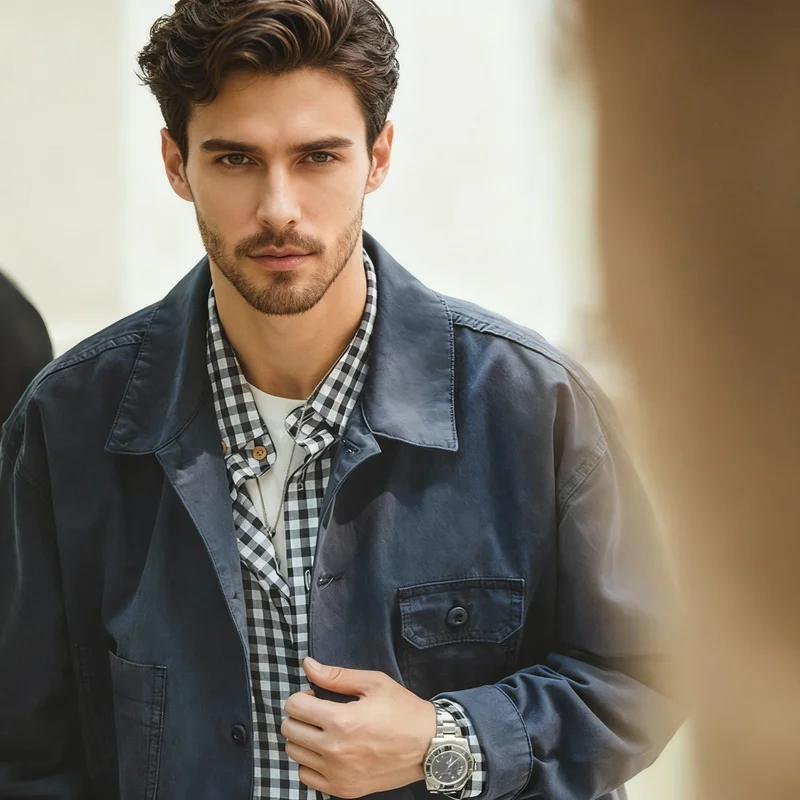 Maden Chaqueta francesa retro con múltiples bolsillos y solapa, en azul marino y tejido grueso. Ideal para hombres en primavera y otoño, brinda comodidad y estilo en climas frescos