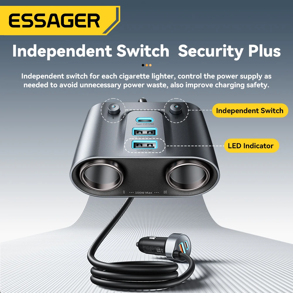 Essager-cargador de coche USB C de 150W, 2 en 1, 100W, divisor de encendedor de cigarrillos Dual, 5 puertos QC 3,0 PD 3,0, carga rápida para teléfono móvil