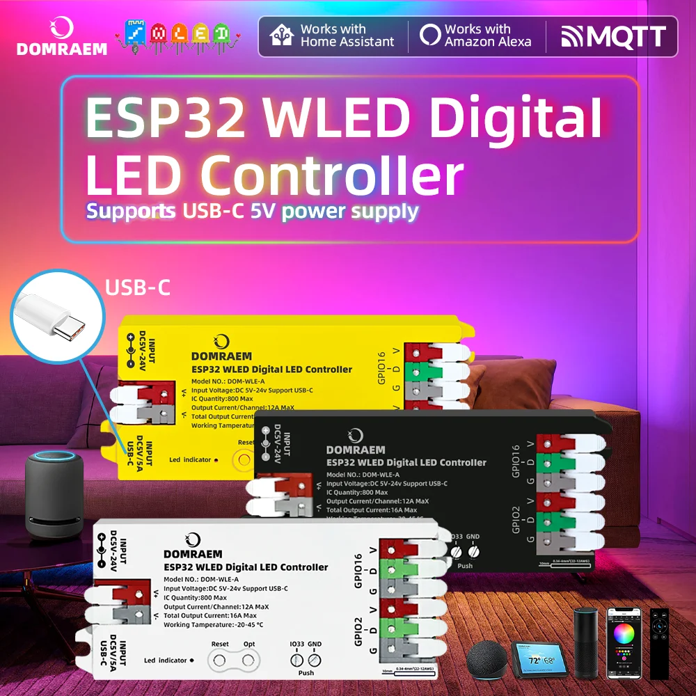 DOMRAEM ESP32 USB-C WLED controlador LED Digital RGB IC DIY APP 16A fusible funciona con HA/MQTT/Alexa WS2811/12/12B/14/05 Sk6812 tira