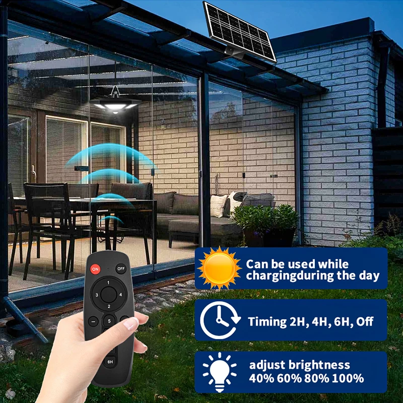 Lámpara Solar Colgante para Interiores y Exteriores, Luz con Mando a Distancia, Sensor de Movimiento, Foco para Garaje, Patio, Almacén, 180 Ledes, 5 Modos de Iluminación