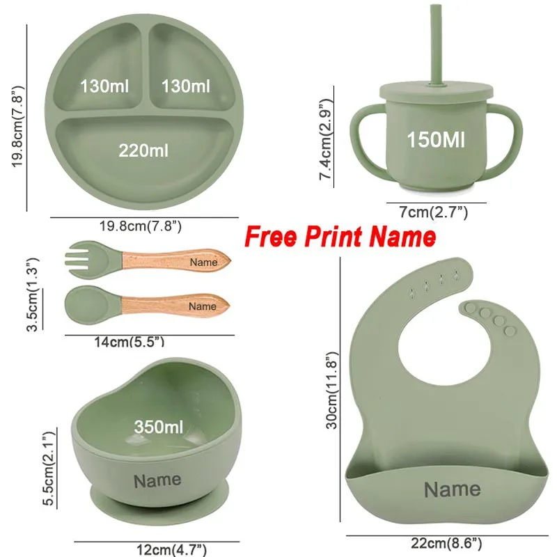 Vajilla de silicona para niños, juegos de alimentación de bebé, cuenco con ventosa, plato de comedor, cuchara, tenedor, babero, taza, nombre personalizado, regalo para niños, 6 uds.
