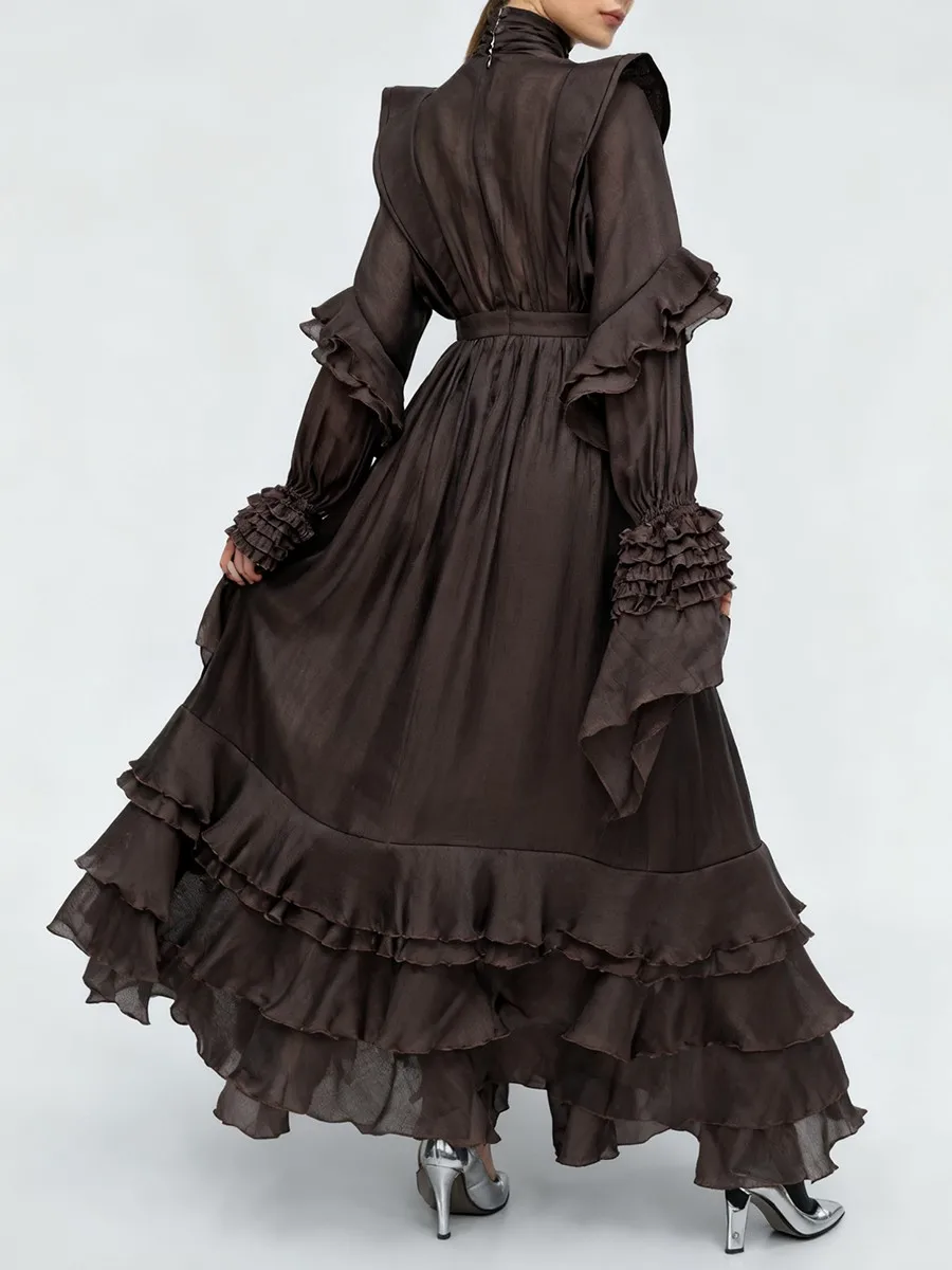 TWOTWINSTYLE Vintage empalmado recortado vestido medio ajustado para mujer cuello alto manga larga dobladillo con volantes vestidos elegantes Mujer