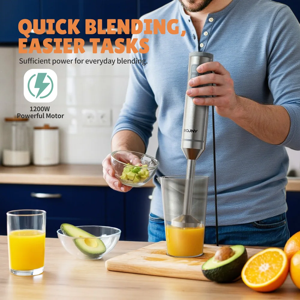 Potente licuadora de inmersión, mezclador de alimentos para bebés con varilla de acero inoxidable 4 en 1, vaso mezclador de 700 ml, procesador de 500 ml, batidor, MAX 1200 W