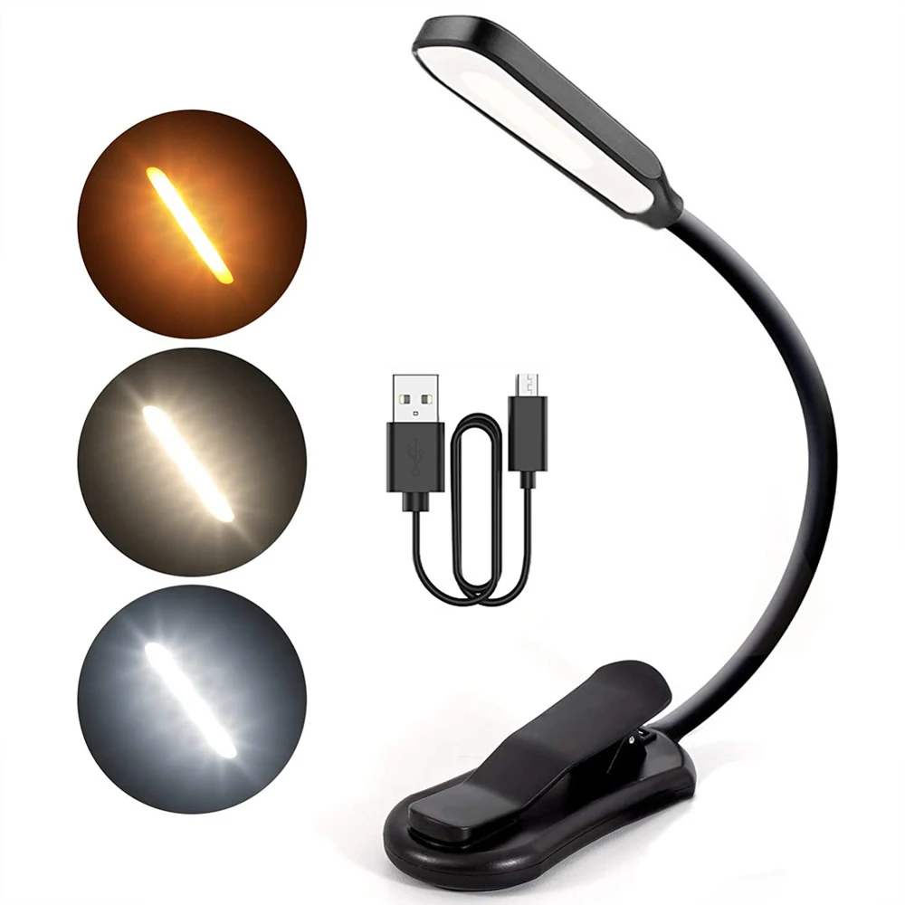 Luz de libro de 7 LED, luz de lectura recargable por USB, luz blanca cálida y fría de 3 niveles, lámpara de lectura nocturna portátil, Flexible y fácil Clip