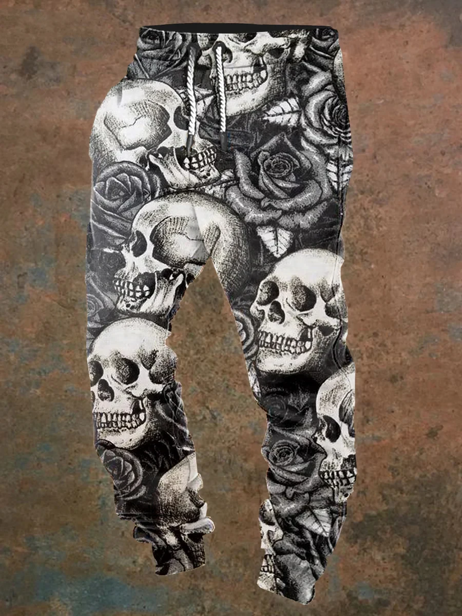 Pantalones jogging informales para hombre con cordones y estampado de calaveras de Halloween, adecuados para uso al aire libre, moda de otoño e invierno.