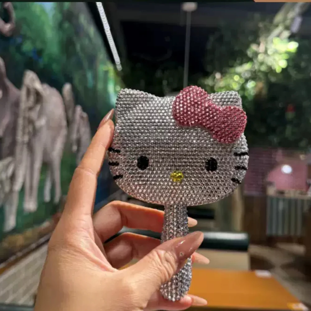 Espejo de cristal Hello Kitty Kawaii, espejo de mano con diamantes de imitación brillantes, regalo de cumpleaños para niña, decoración para sala de estar