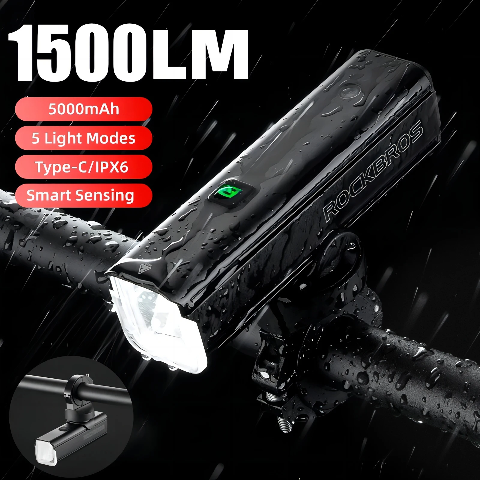 Luz de bicicleta ROCKBROS 1500LM5000mAh tipo C Control de temperatura de luz de bicicleta IPX6 luz LED de aluminio lámpara frontal faro de ciclismo