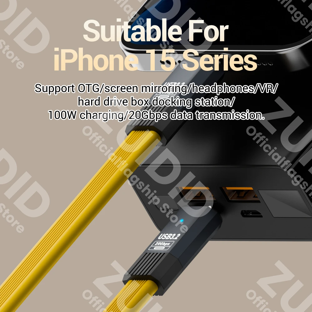 USB3.2 20Gbps tipo C a tipo C Cable de datos plano ThunderBolt 3 PD100W 5A Cable de USB-C para iPhone 15 Pro MacBook Pro Samsung Xiaomi
