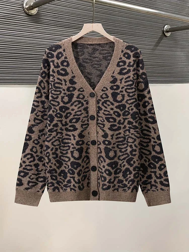 Suéter Cárdigan Casual para Mujer con Cuello en V, Estampado de Leopardo, Manga Larga y Botones, Moderno y Versátil, Rejuvenecedor y Retro