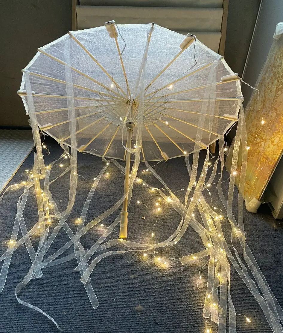 Paraguas LED chino japonés de hilo de papel engrasado, tela de seda, disfraz, paraguas de princesa antigua, paraguas artesanal blanco para Drama, Cosplay