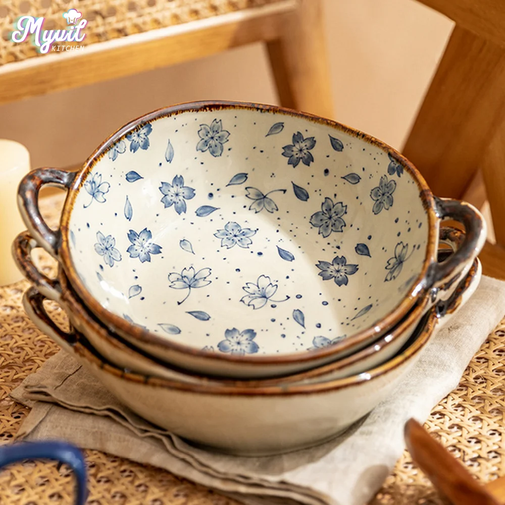 Cuenco de fideos japonés para el hogar, tazón de sopa de cerámica con mango, ensalada, Pasta, vajilla de cocina, horno microondas, utensilios para horno, 7,5 pulgadas