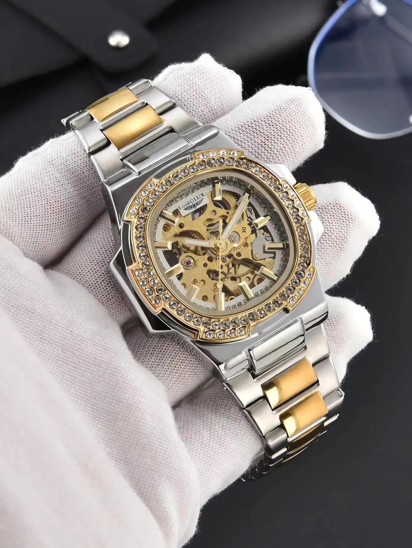 Reloj de Hombre Automático LONGLUX, Relojes de Pulsera Mecánicos de Acero Inoxidable de Lujo al por Mayor, Reloj de Hombre con Diamantes, Esqueleto, Resistente al Agua