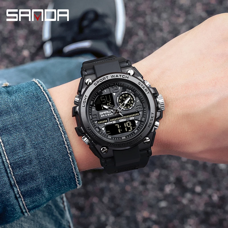 Relojes deportivos de cuarzo SANDA para hombre, relojes de pulsera digitales electrónicos LED con pantalla Dual, reloj militar resistente al agua, relojes masculinos