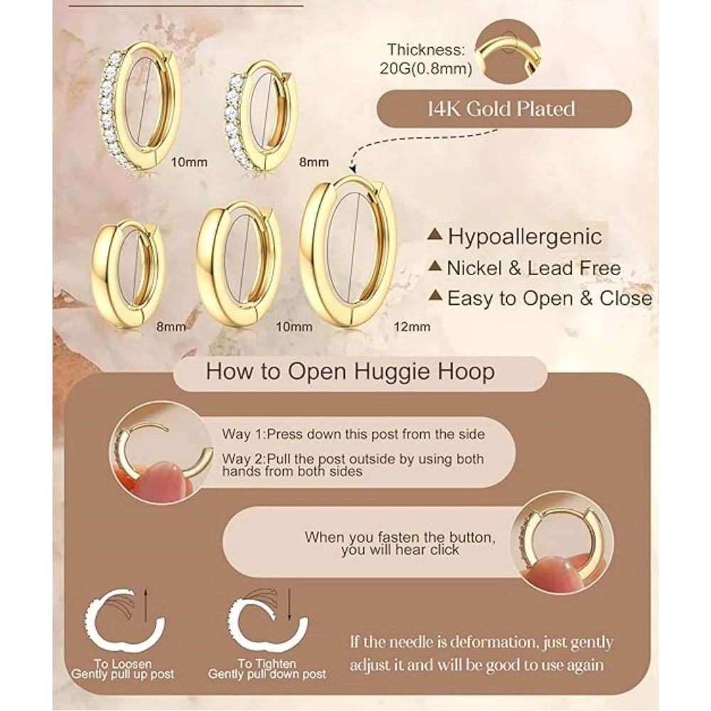 Juego de 5 Pares de Aretes de Aro con Circonita Cúbica Plateados en Plata 925, Aretes de Aro Huggie con Circonita Cúbica Brillante para Cartílago y Hélix, Joyería para Mujer