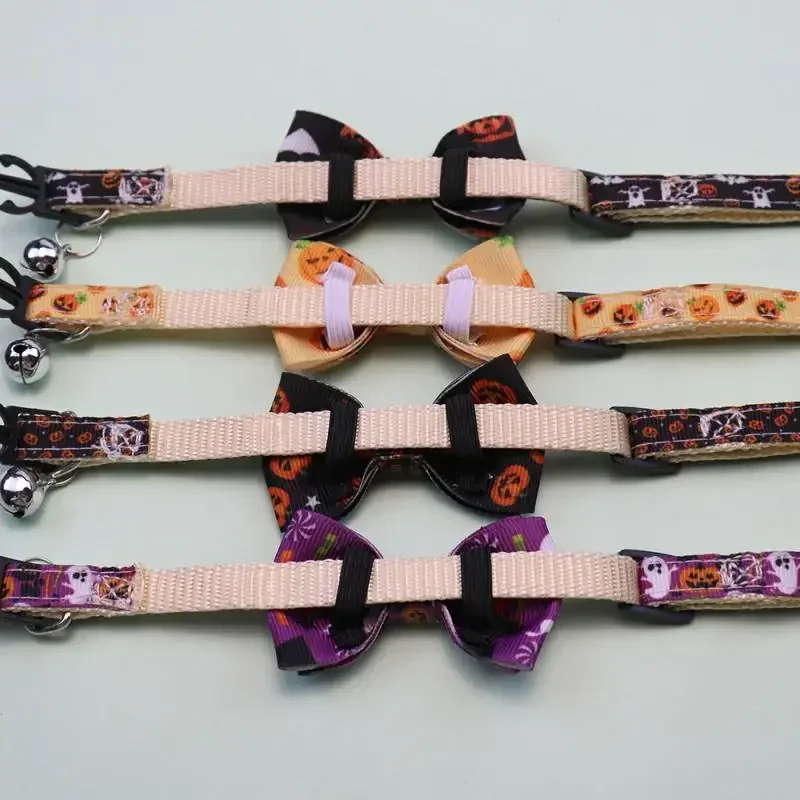 Collar para cachorro y gatito, correa con hebilla de seguridad ajustable, pajarita para Chihuahua, suministros para mascotas, Collar para gato feliz Halloween con lazo de campana