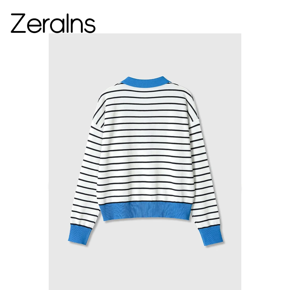 ZERAINS-suéter de punto de manga larga con cuello tipo POLO y media cremallera a rayas, estilo minimalista retro francés, top para mujer