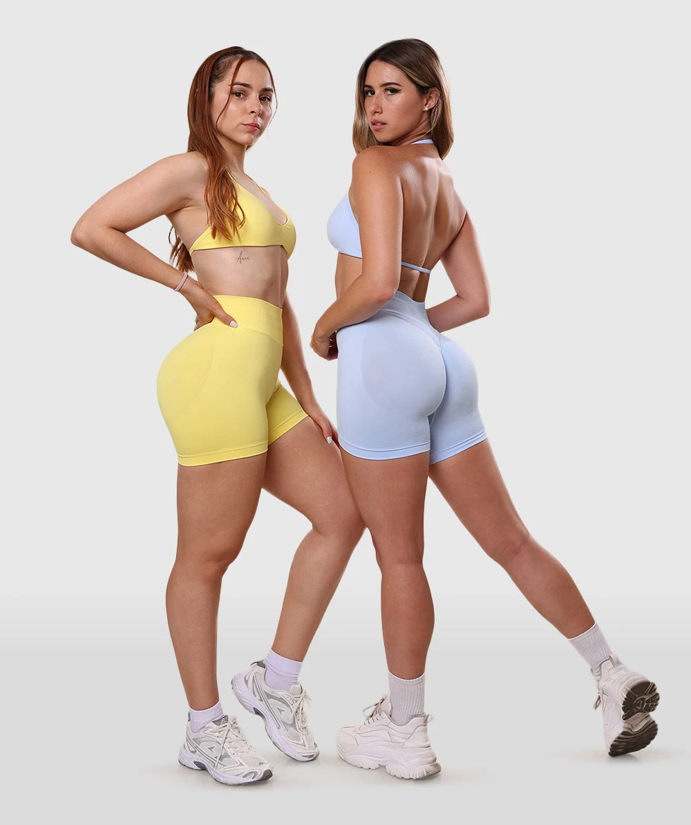 Conjunto Deportivo de 2 Piezas para Yoga y Gimnasio para Mujer, Sujetador Deportivo sin Costuras con Tirantes, Pantalones Cortos de Cintura Alta con Efecto Scrunch, Ropa Deportiva