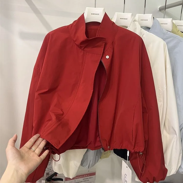 2025 nueva chaqueta informal roja con cuello levantado para mujer en primavera y otoño chaqueta corta y fina informal holgada