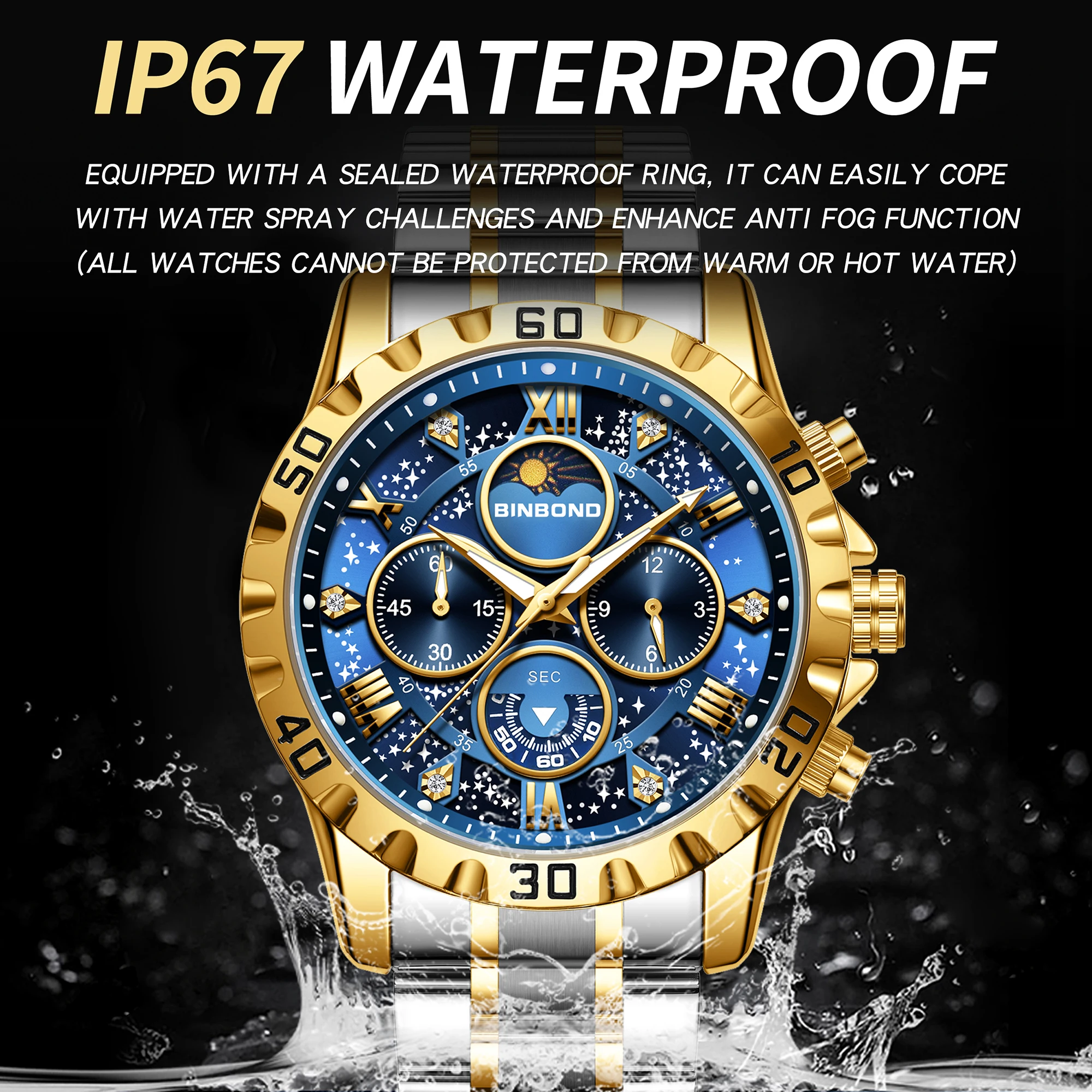 Relojes de cuarzo de la marca original BINBOND para hombre, reloj de lujo luminoso de acero inoxidable con cronógrafo, reloj para hombre elegante.