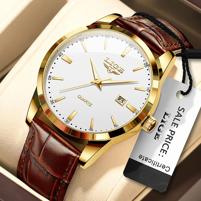 Reloj LIGE de cuero marrón a la moda para hombre, relojes de pulsera deportivos militares de cuarzo para hombre, cronógrafo informal resistente al agua, relojes masculinos