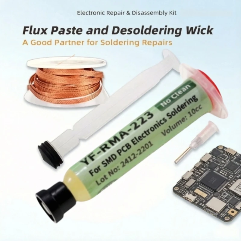 Kit de Trenza Desoldadora de 1.5M + Pasta de Soldadura RMA-223 en Jeringa, Juego de Alambres para Remover Soldadura, Herramienta de Reparación y Retrabajo de Componentes Electrónicos PCB