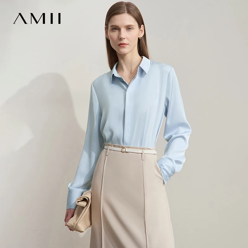 Amii Top minimalista para mujer, camisa de color liso, satén ligero y suave, estilo adelgazante para el lugar de trabajo, camisa francesa para mujer 12521085