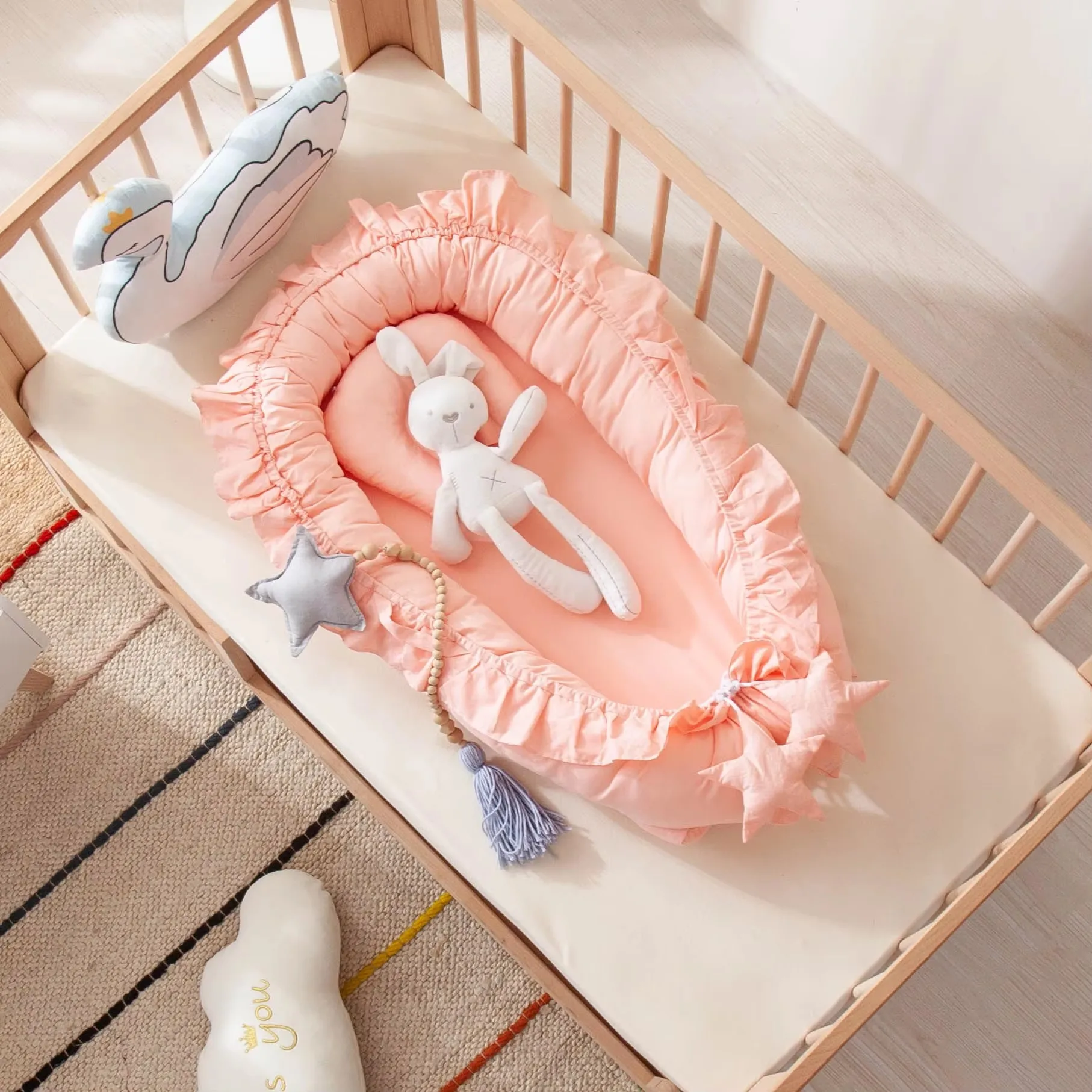 Cotton Babynest for Newborn Baby Bed Nest Ruffle Baby Bassinet Travel Bed Portable Lounger Toddler Crib Breathable Sleep Nest