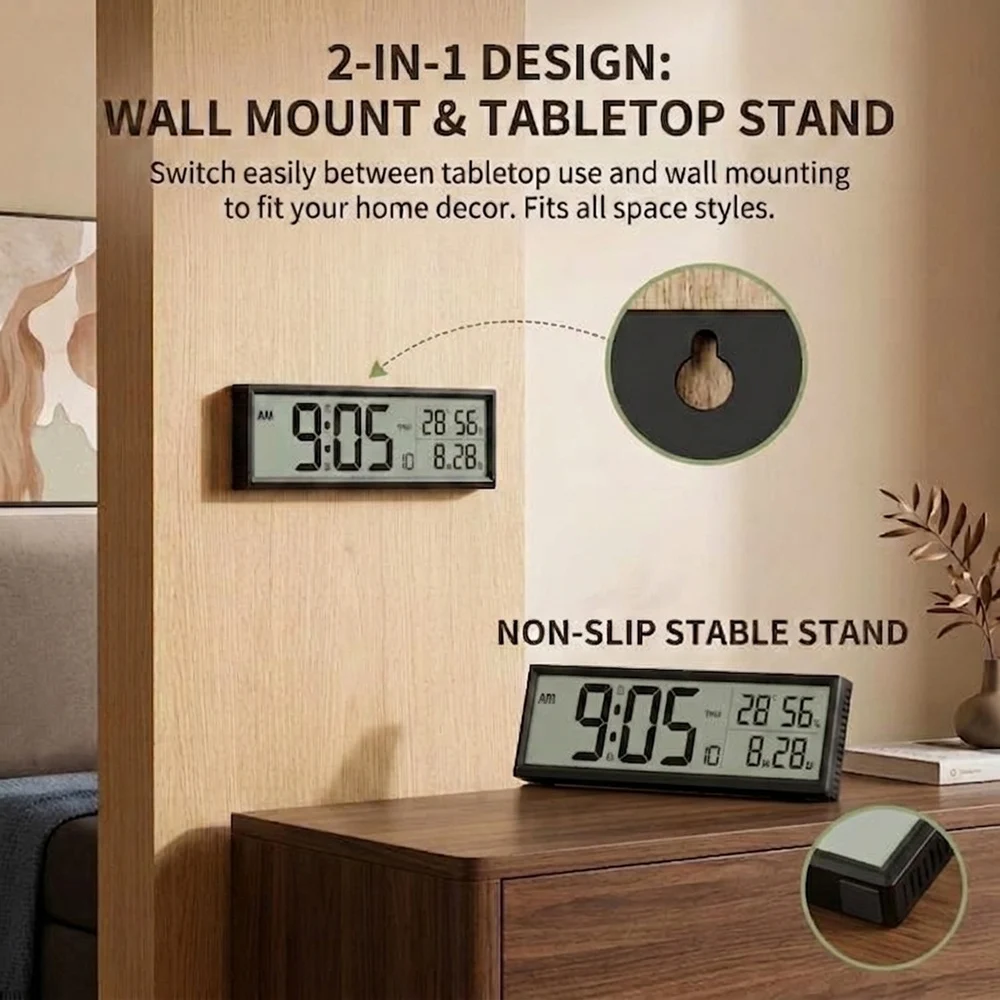 Reloj Despertador Digital con Temperatura, Humedad, Fecha y Día de la Semana, Reloj de Escritorio/Pared para Dormitorio, Hogar, Cocina, Funciona con Pilas, 8 Pulgadas