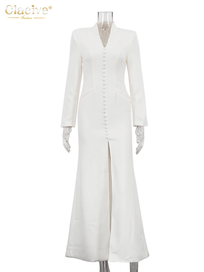 Clacive-vestido blanco ajustado para mujer, moda 2021, cuello en V, manga larga, hasta el tobillo, elegante, clásico, con abertura, para mujer