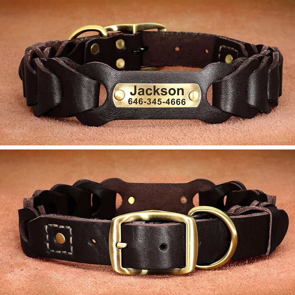 Collar de piel auténtica para perro, personalizado, mediano y grande, identificación de mascotas, Pitbull, grabado de nombre