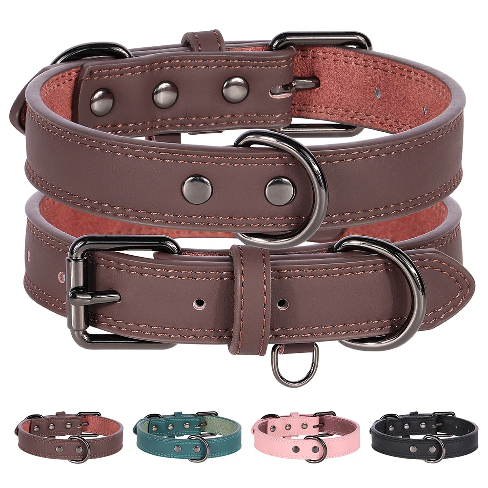 Collar de perro de cuero auténtico suave y duradero, collares de cuero genuino para mascotas para perros pequeños, medianos y grandes, pastor alemán, marrón y negro
