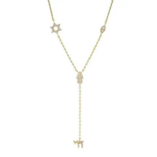 Collar Lariat con Colgante de Mano y Ojo de Estrella de la Suerte con Circonitas, Amuleto Judío, Signo de la Vida, Color Dorado, Joyería para Mujer