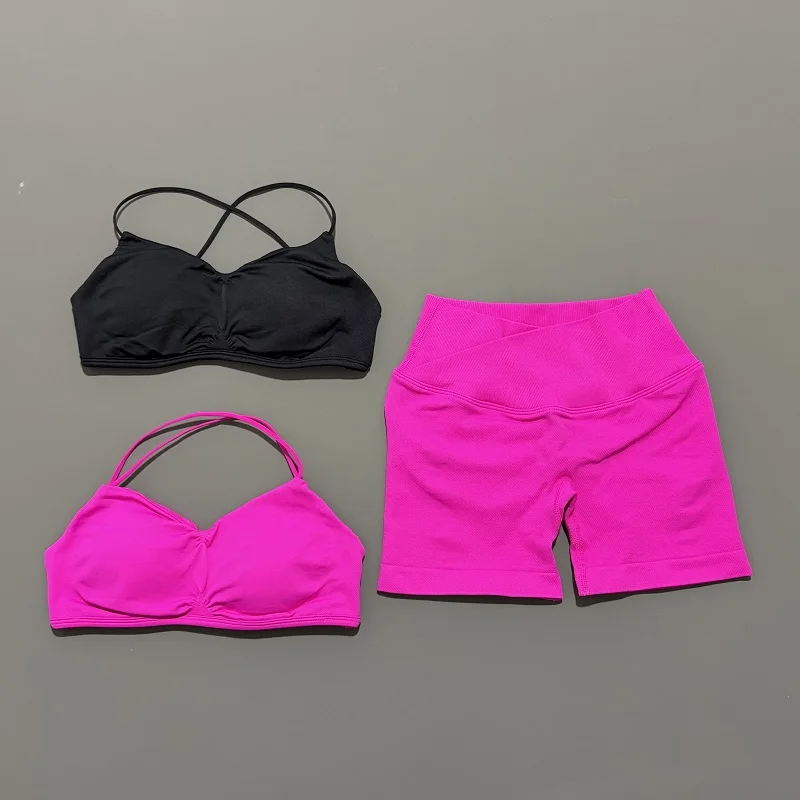 Conjunto de gimnasio de visión de 2 piezas para mujer, Top corto de Yoga, pantalones cortos sin costuras de cintura alta, sujetador de Fitness, traje deportivo, conjunto de entrenamiento