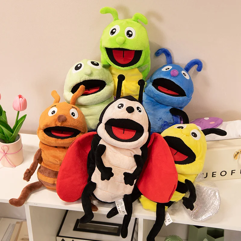 Marionetas de mano de 30CM, juguete para chico, insectos de peluche, Animal, oruga, mariquita, marionetas de mano, muñeca, cuentos familiares, juguete de dedo para juegos de rol