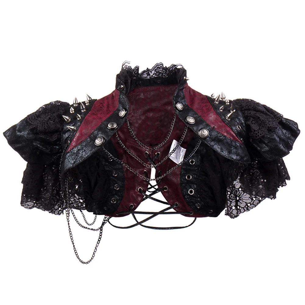 Chaqueta Vintage de cuero rojo y negro para mujer, remaches de encaje, cadenas y2k, disfraz Steampunk, ropa gótica, abrigo Rock Rave, ropa de calle fresca