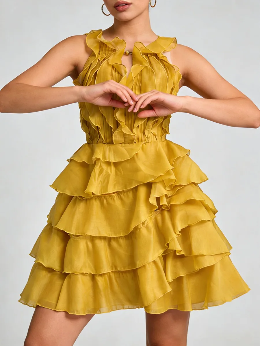 Vestidos Mini con Volantes y Corte Entallado de Moda TWOTWINSTYLE para Mujer, Cuello Redondo, Sin Mangas, Cintura Alta, Vestido Casual Femenino Nuevo