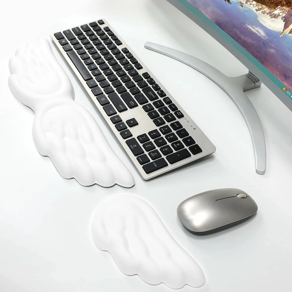 Reposamuñecas para teclado y ratón con forma de alas de ángel, espuma viscoelástica, antideslizante, ergonómico, para oficina, portátil y PC