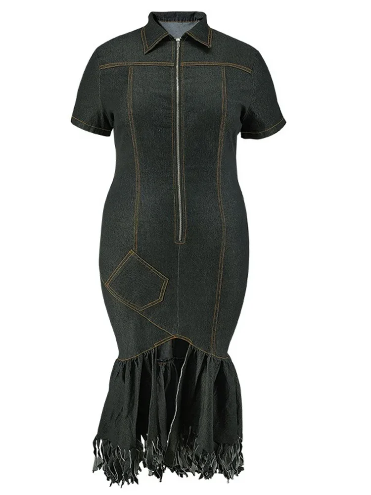 Wmstar Denim vestidos de talla grande para mujer verano sólido cremallera dobladillo con borlas moda elegante Maxi vestido venta al por mayor Dropshipping 2024