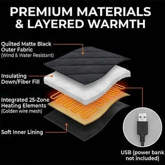 Chaleco Térmico Inteligente de Invierno con Calentamiento Rápido, 25 Zonas de Calor, 3 Ajustes de Temperatura, Control de 4 Zonas, Puerto USB para Hombres, para Actividades al Aire Libre