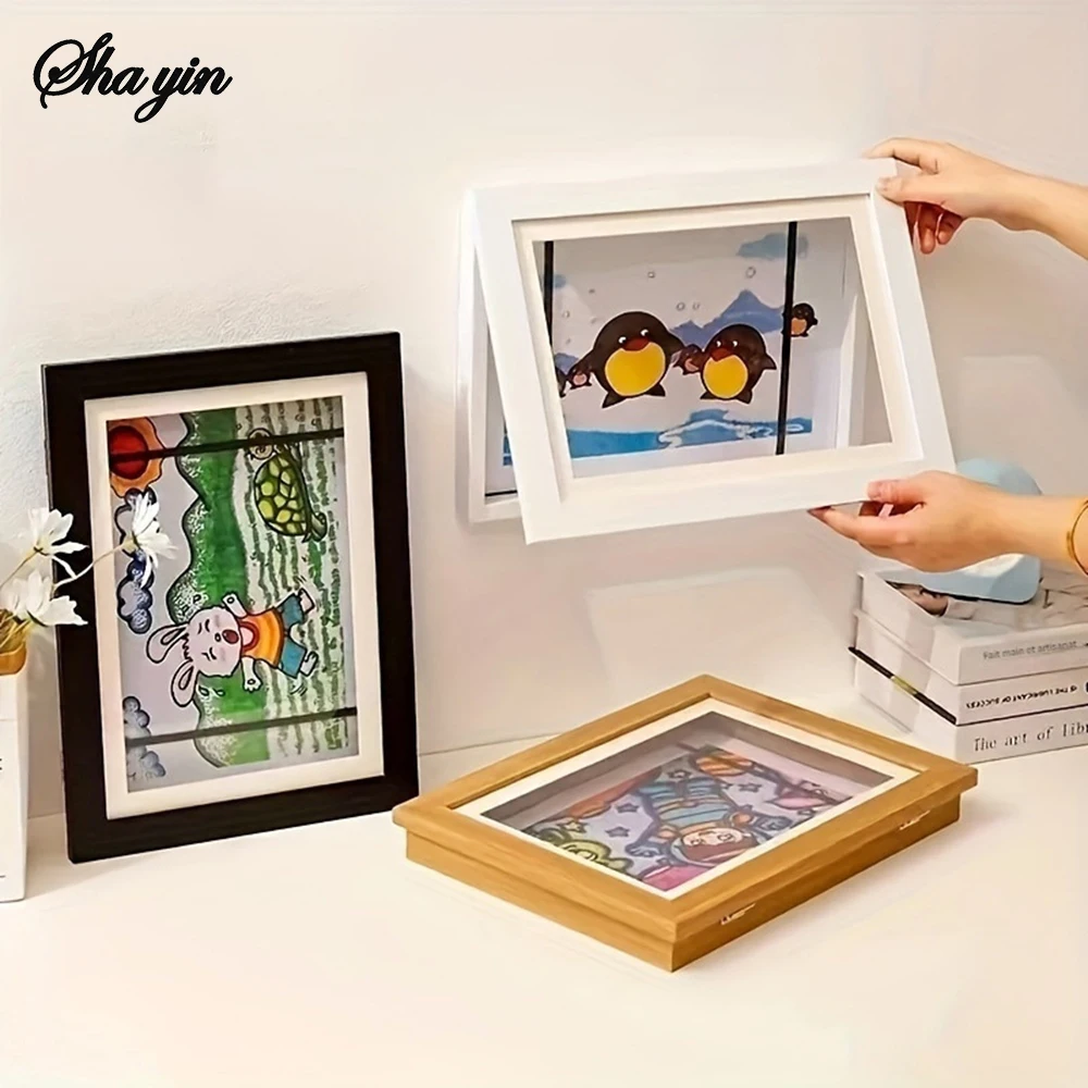 Marco de fotos de madera abatible hacia arriba, marco de succión magnética, marco de fotos para niños A4, marco de almacenamiento, marco de certificado de trabajo artístico