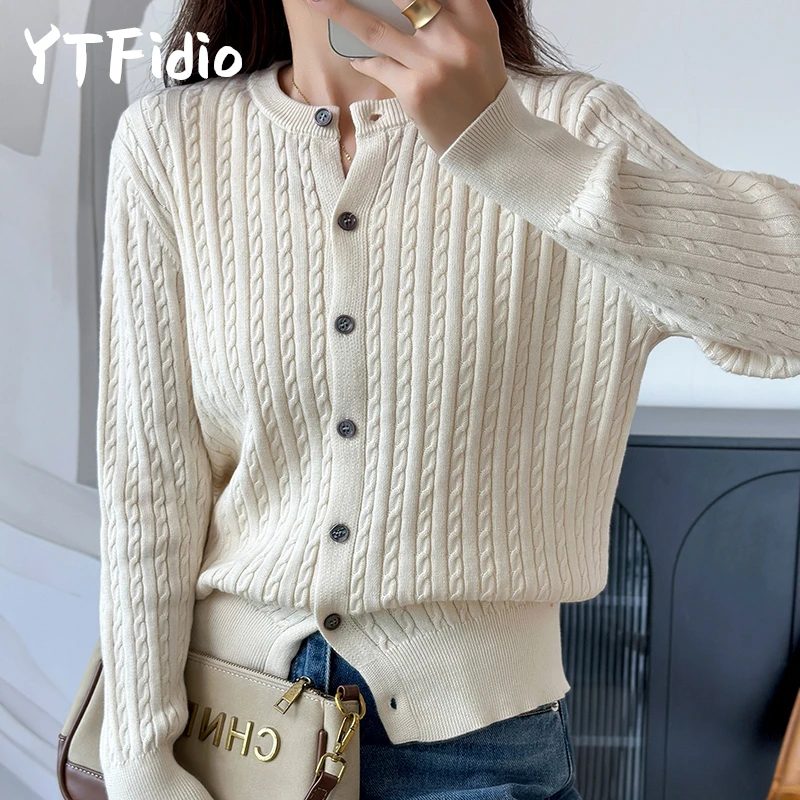 YTFidio 100% de algodón para mujer, cárdigan liso con flores retorcidas y cuello redondo, ropa de diseñador de lujo, jersey para mujer, Tops femeninos 392