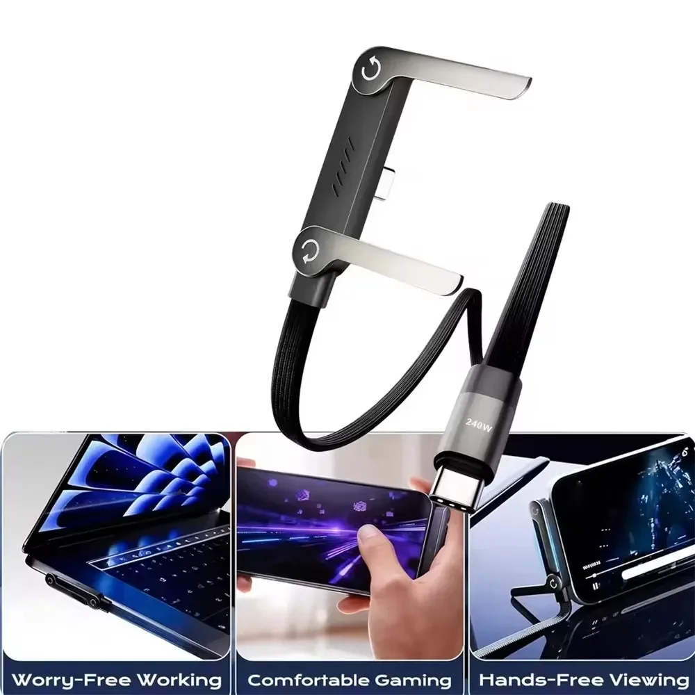 Cable USB 2 en 1 de 240W a Tipo-C con Soporte Plegable, Cable de Datos Tipo C de Carga Rápida con Soporte de Escritorio para Huawei, Xiaomi 17, 16, Samsung