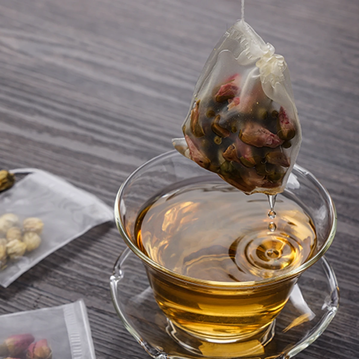 Bolsas de té transparentes reutilizables de nailon, bolsitas de té vacías con sello de cuerda, filtro para hierbas y especias, 500 piezas