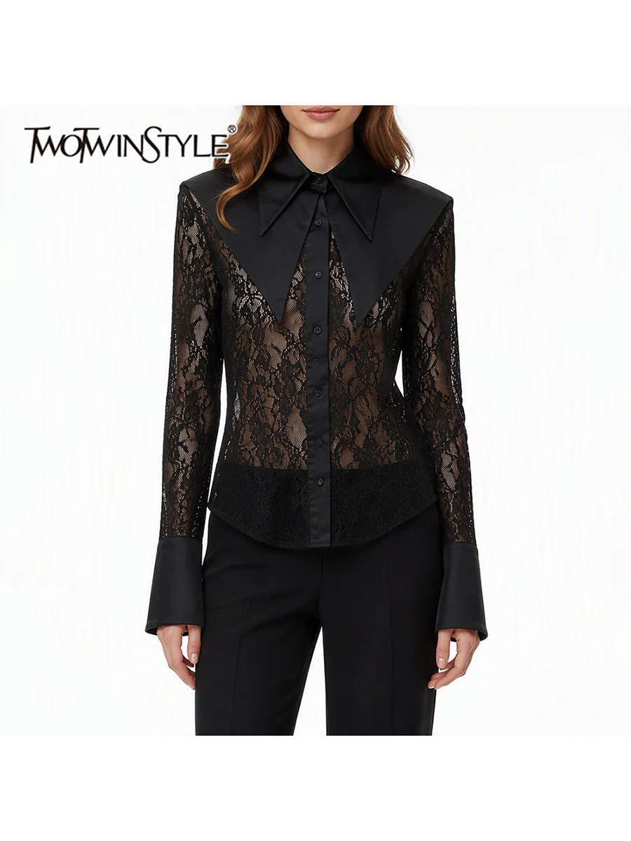 TWOTWINSTYLE Blusa Sexy Ajustada de Encaje con Malla para Mujer, Cuello Solapa, Manga Larga, Blusa Casual Transparente con Parches, Nueva