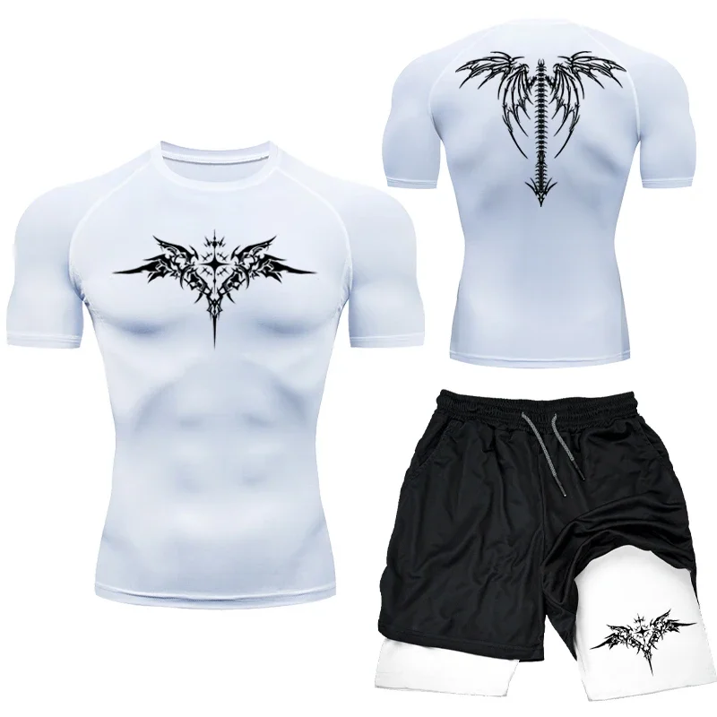 Nuevo conjunto de compresión de boxeo MMA, ropa deportiva para hombres, pantalones cortos de gimnasio de secado rápido, camiseta para correr, entrenamiento, traje deportivo ajustado Rashguard, 2 uds.